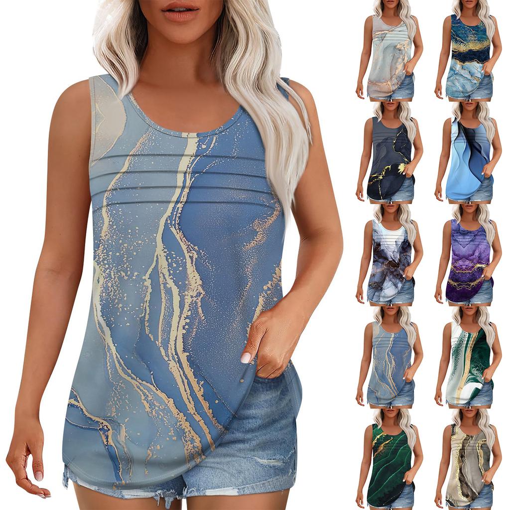 Tank Top For Women Summer Outfits Sleeveless Print Blouses Casual Loose Shirts Scooped Neck Pleated Front