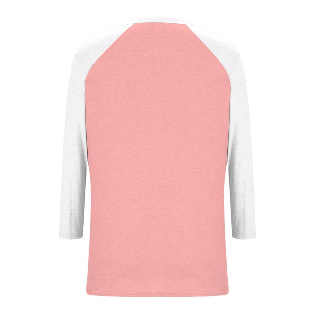 Women's Casual And Fashionable Patchwork V-Neck Top With Seven Quarter Sleeves Top