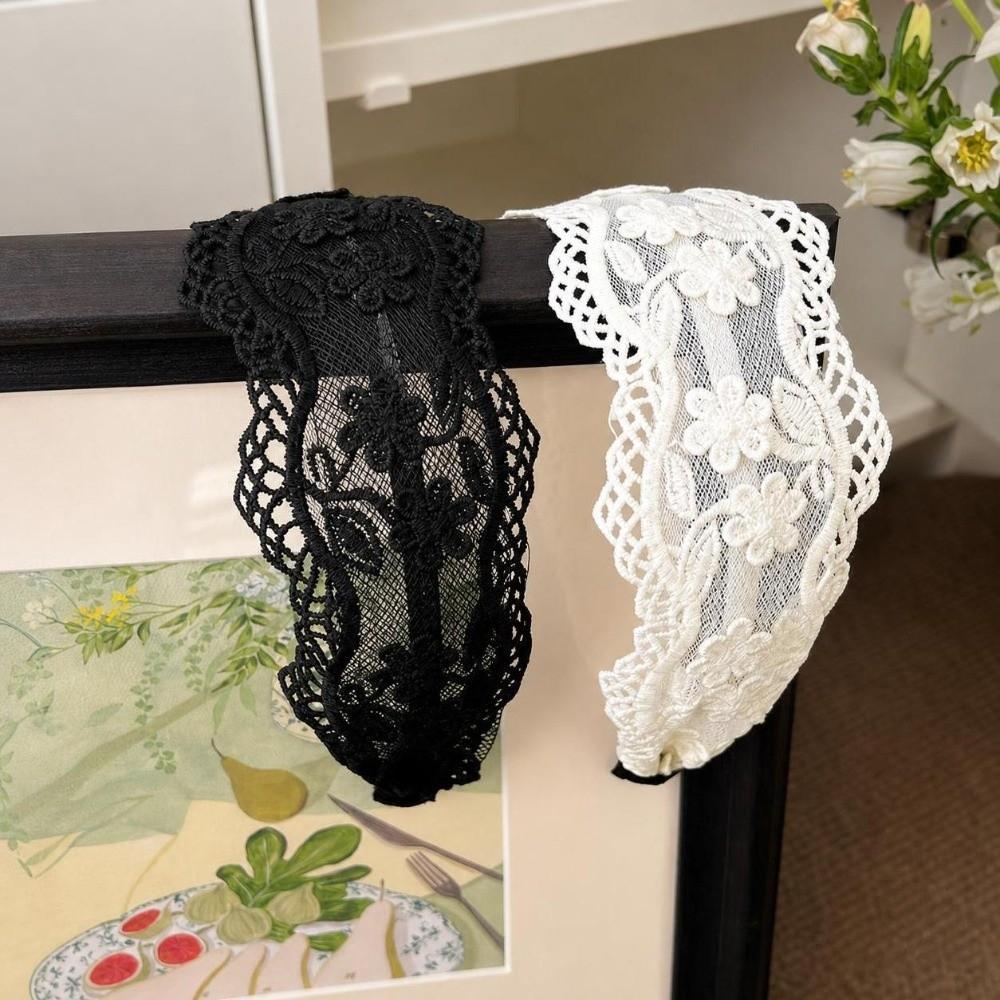 Wide Side French Lace Headband Sweet Hollowed-out Flower Hair Hoop  For Women Girls