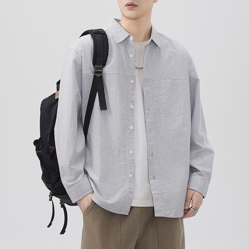 

New Spring Japanese Retro Men s Striped Cotton Long-sleeved Shirt American Work Shirt 4XL серый
