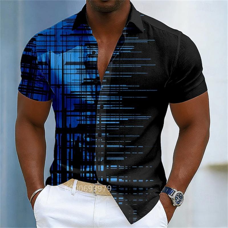 Men's Gradient Line Lapel Shirt, Summer Casual Vacation Outdoor Top
