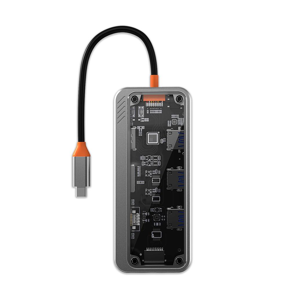 Custom Logo Transparent 10 In 1 USB C Hub Dongle Support 4K HDTV VGA Type C PD USB3.0 RJ45 Ethernet SD TF Card Reader 3.5mm AUX