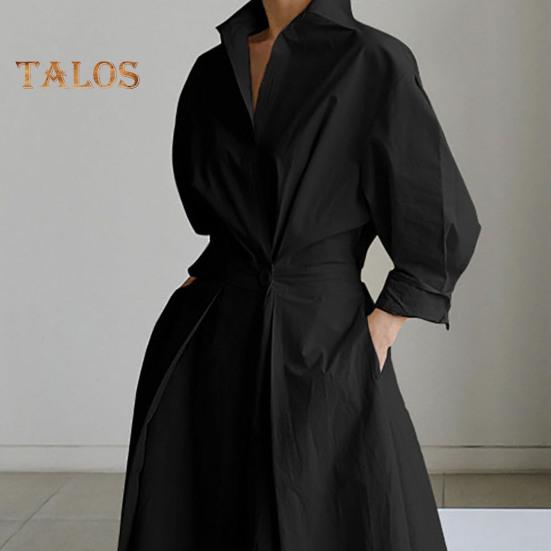 Dámské šaty s dlouhým rukávem na knoflíky, ležérní áčkové midi šaty, volného střihu, s klopovým límcem, dlouhé šaty do kanceláře, na večírky a na pláž