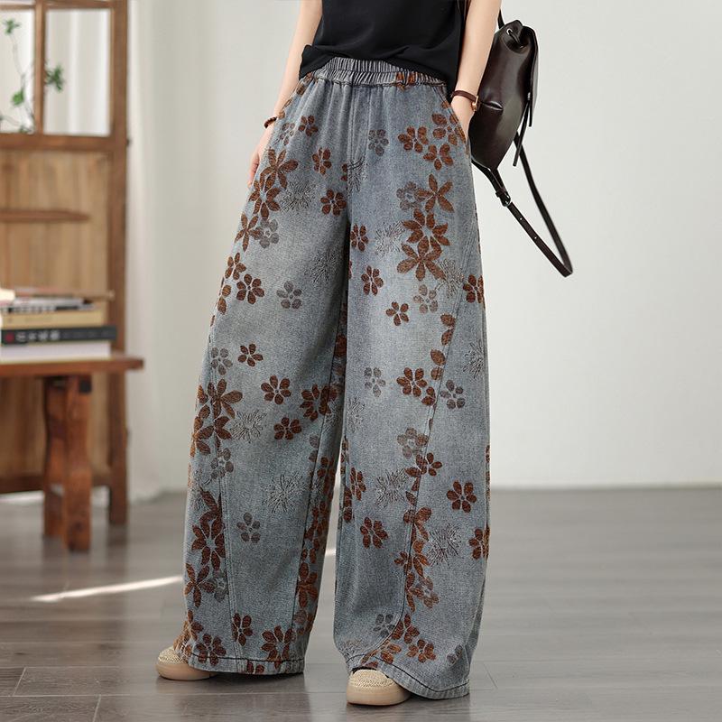 

Plus Size Jacquard Flocking Gold Wide-Leg Denim Pants: Elastic, Loose, Slimming, Casual & Versatile M