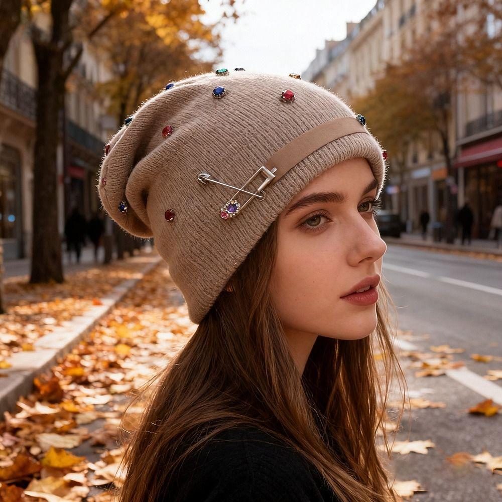 Warm Winter Hat Colored Rhinestone Knitted Pullover Cap Casual Ear Protection Hat Outdoor Sports