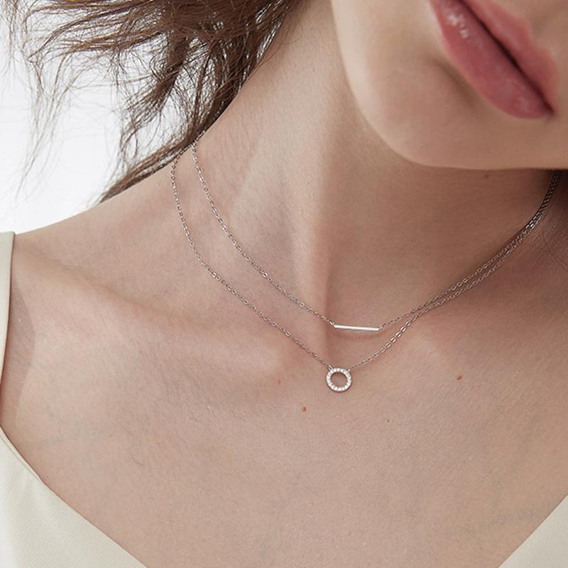 Collier en argent sterling 925 avec pendentif rond en cristal et chaîne à maillons double couche pour filles et femmes