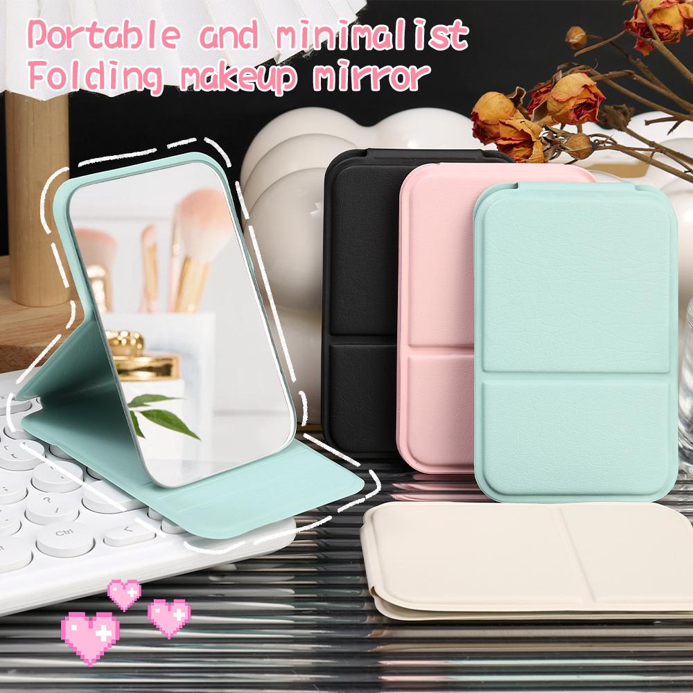 1PC Mini Folding Makeup Mirror Solid Color PU Leather Simple Portable Handheld Desktop Makeup Mirror High Definition Vanity Tool