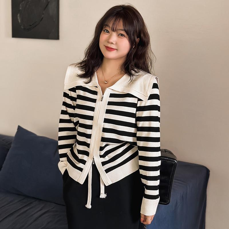 Plus Size Women's Autumn Navy Collar Jacket Top Striped Long Sleeve Knitted Cardigan