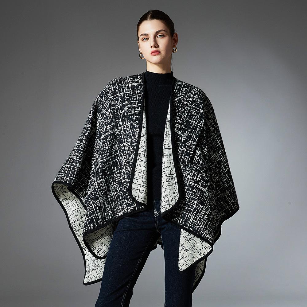 Women Plaid Reversible Poncho Cape Coat Open Front Cardigan Shawl Wrap Warm Thick Knit Shawl for Fall Winter