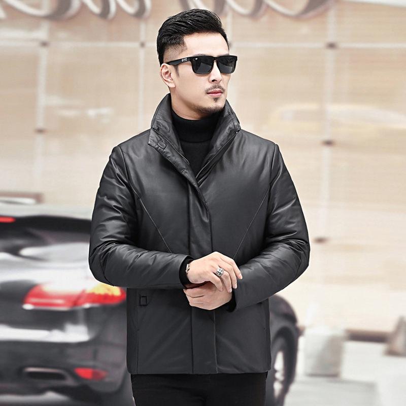 

Кожаный пуховик мужской со стойкой воротником, куртка из овчины, зимний кожаный пуховик с белым утиным пухом 170 чёрный