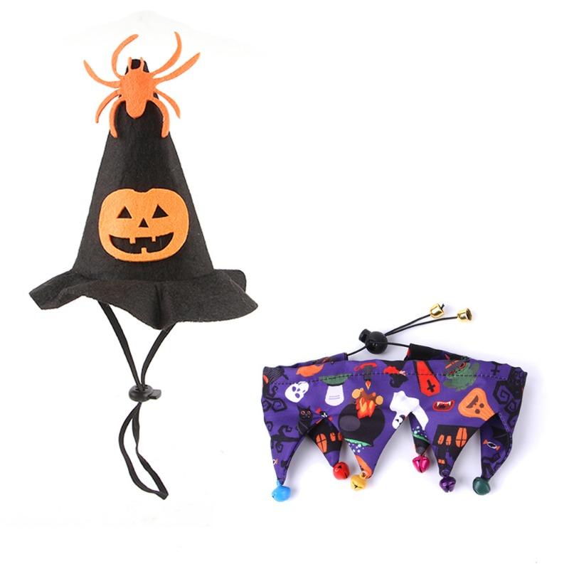 Halloween Cat Costume Set Witch Hat And Collar With Skull And Spider Web Design Pet Cloak Outfit Accessories Party Photo Props