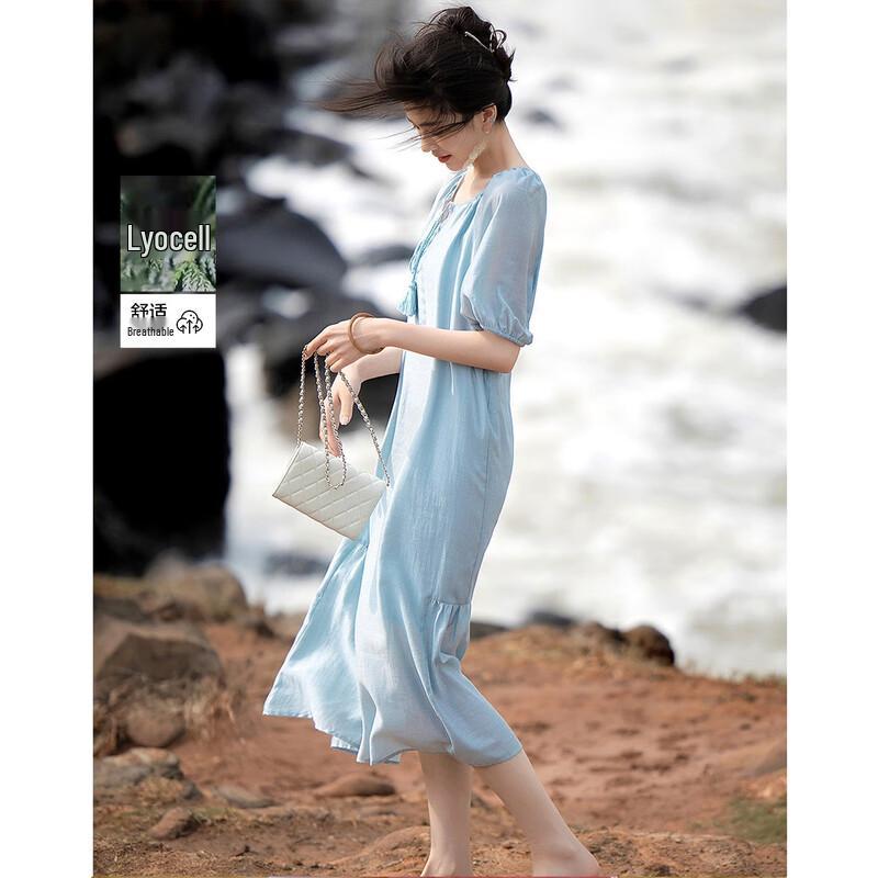 Summer Lyocell A-Line Dress with Embroidery & Tassels L