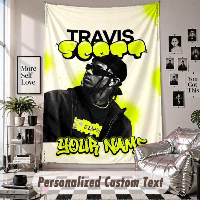 Wall Hanging Tapestry With Custom Name & Text, Travis Scott Decorative Tapestry For Bedroom