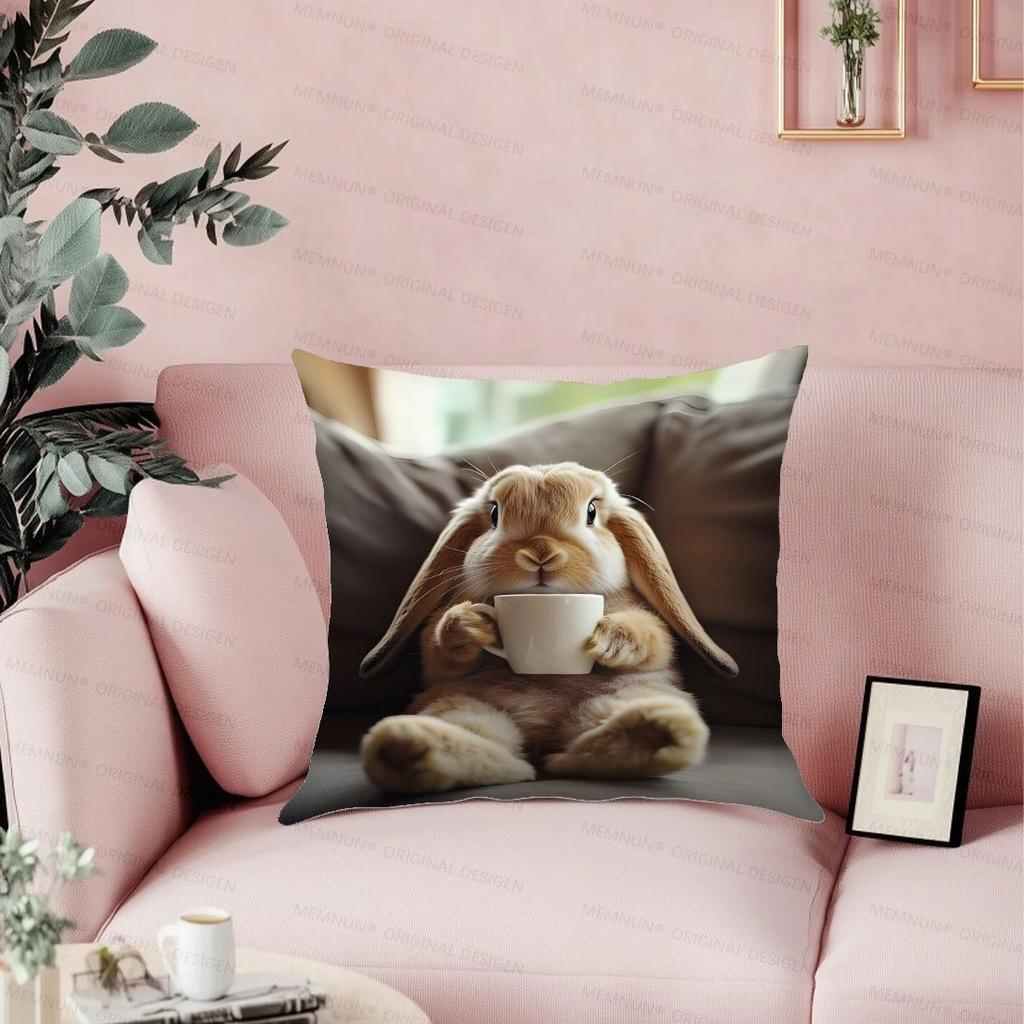 1 Stück Kaninchen-Tier einseitig bedrucktes Kissen Sofabezug beim Kaffeetrinken auf dem Sofa
