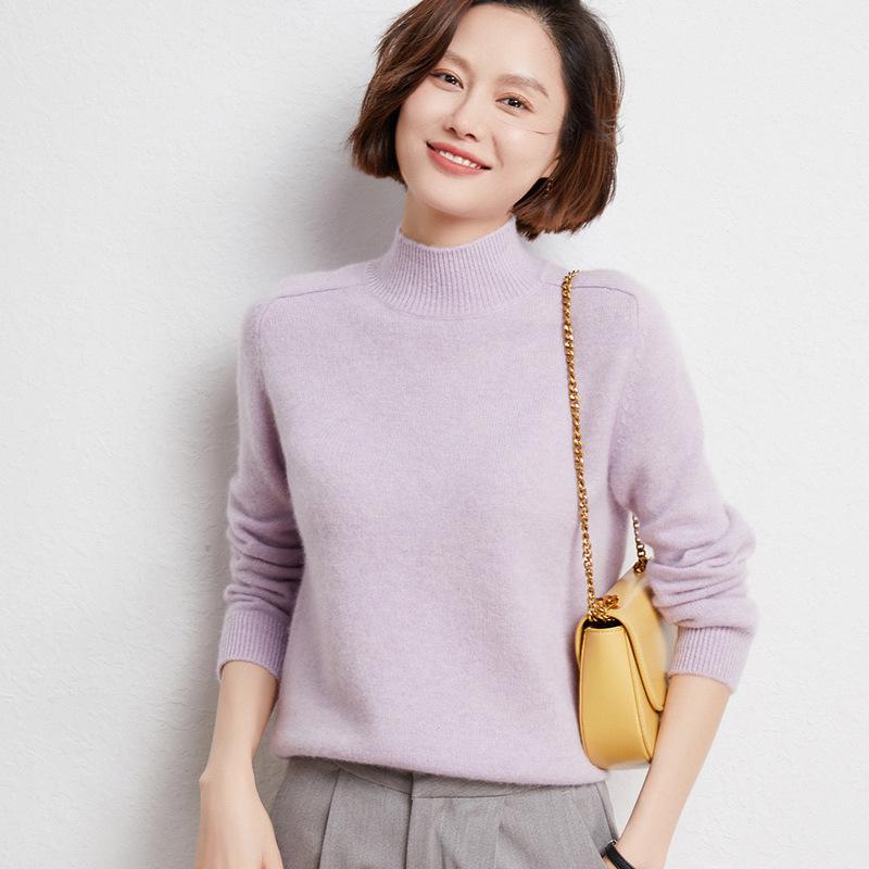 Women's 100% Wool Thickened Saddle Shoulder Sweater – Soft and Warm Half-High Neck Knitwear for Autumn and Winter