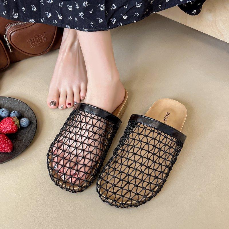 Fashion Slippers Women Summer Cover Toe Slides Female Shoes Fretwork Heels 2025 Soft Mesh Fabric Female Shoes Cover Toe Slippers Soft Sl
