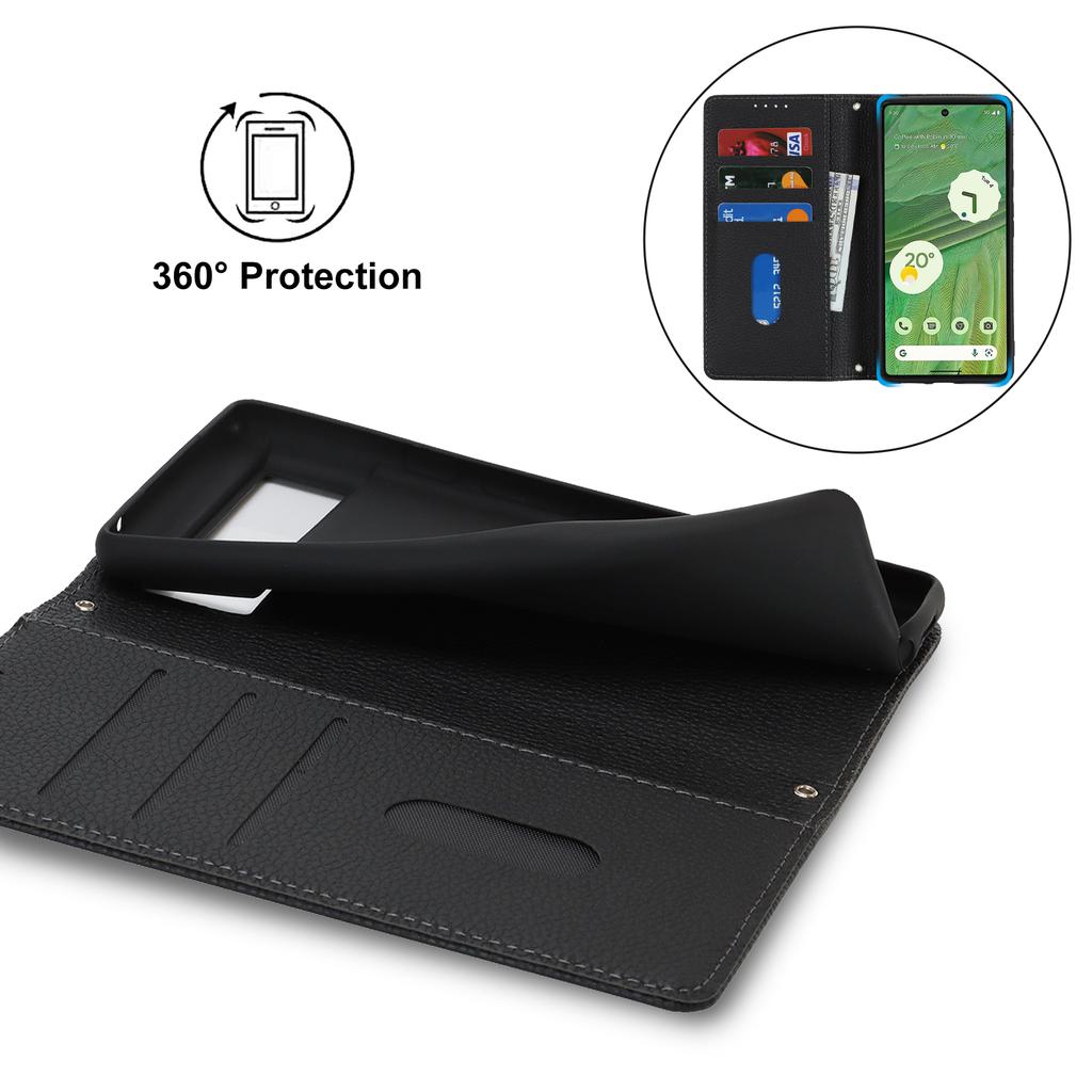 For Google Pixel 7 5G Case Stand Wallet Litchi Texture Leather Flip Phone Cover with Strap