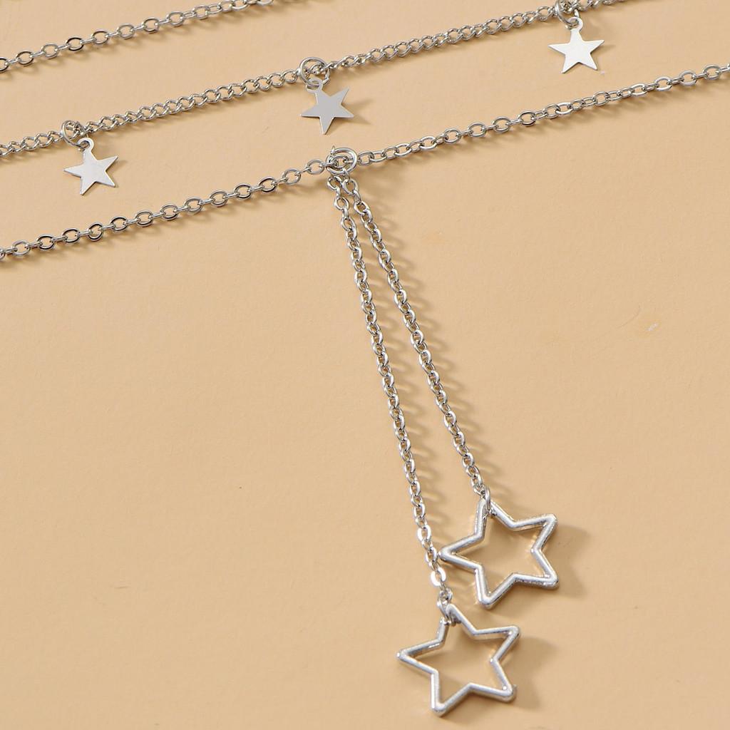 Starshaped Multilayer Chain Necklace With Silver Electroplated Finish For Women