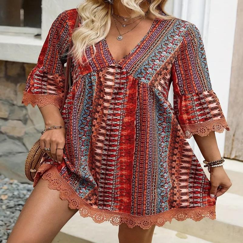 Vintage Printkleid Damen Mode Boho Sexy V-Ausschnitt Langarm Locker Kleider Für Frauen Sommer Urlaub Vestidos Damen Kleidung Neu