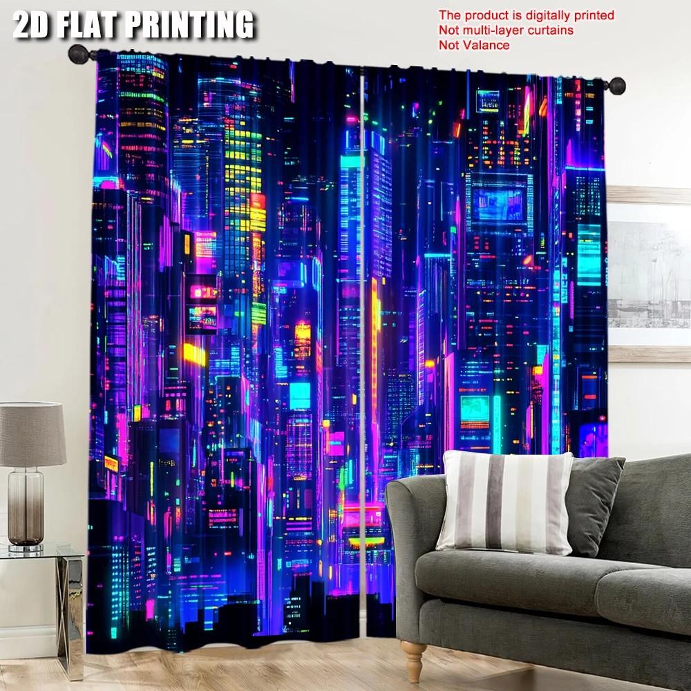 Vibrant Cityscape Window Curtains Polyester Living Room Decor Darkening Set Of 2 Made With Rod Pocket Great