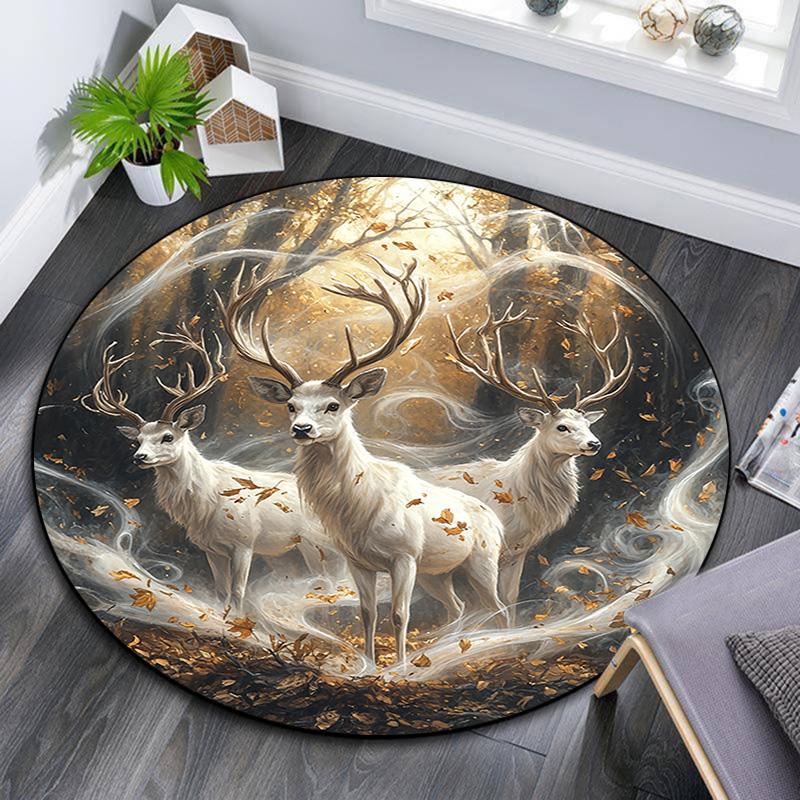 Enchanted Forest Deer Round Area Rug,Carpet Rug for Living Room Bedroom Sofa Playroom Decor,Non-slip Floor Mat