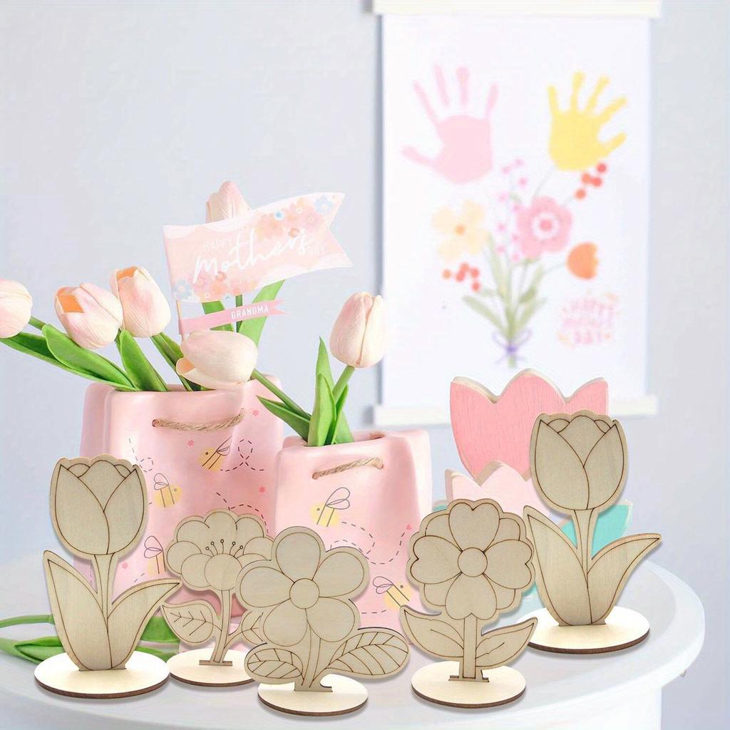 6pcs/set Wooden Ornaments Featuring Roses Lilies Sunflowers Painting Crafts Spring Home Decor Easter Party Table Decorations