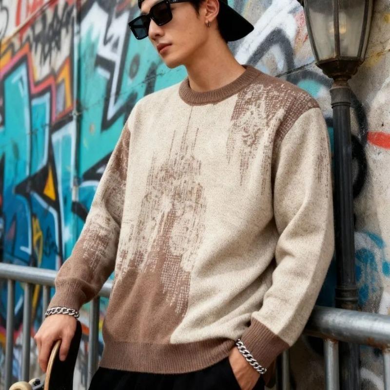 Lös American Crew Neck Höst Vinter Ny Stil Pullover Bekväm Snygg Lat Tröja Färgblock Jacquardstickad Topp