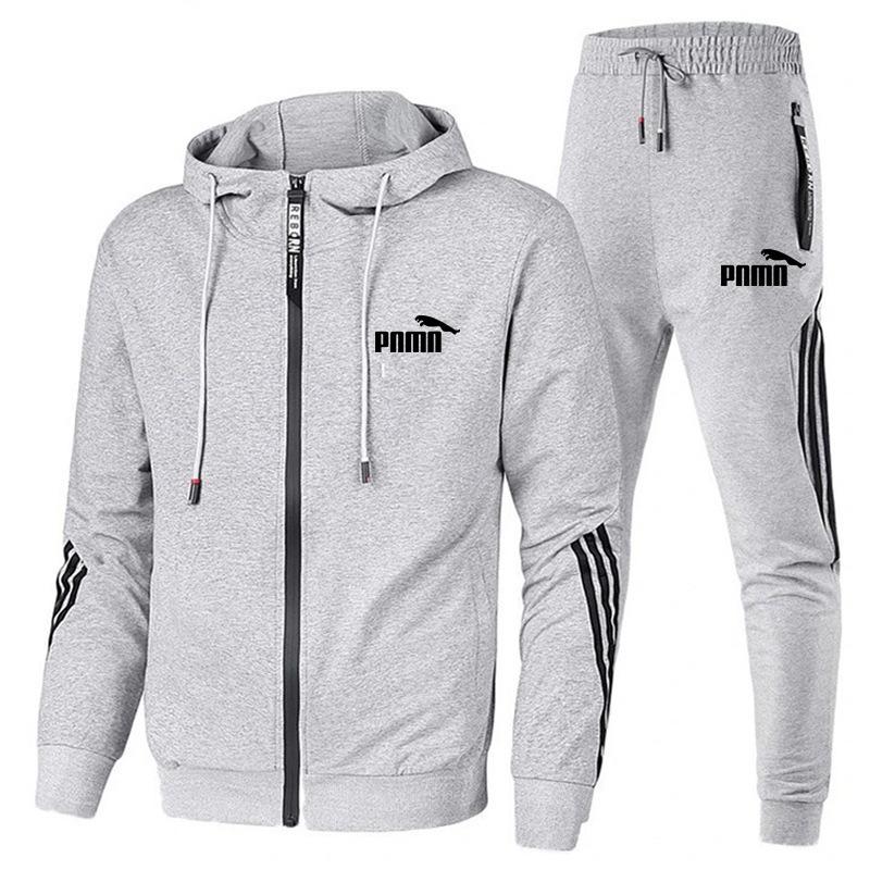

Three Bar Men s Fashionable Sports Suit With Hooded Zipper Casual Set L