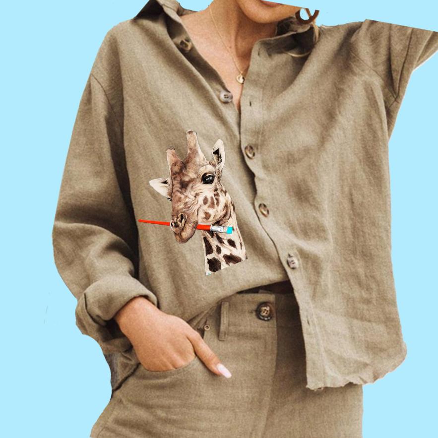 

Женская мода блузка с воротником-лацканами, женская повседневная рубашка на пуговицах из хлопка и льна с принтом 3XL хаки