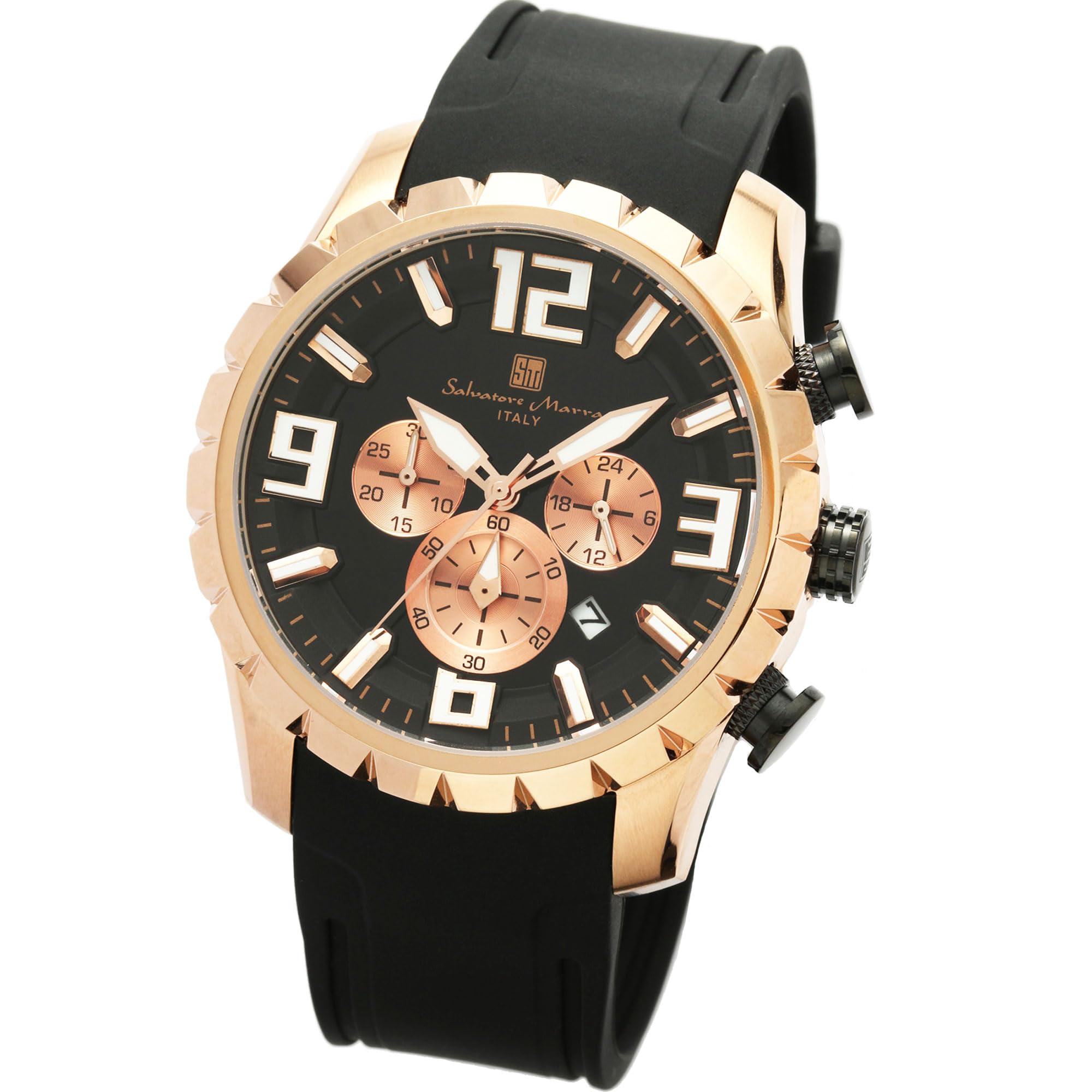

Salvatore Marra Men s Chronograph Watch SM22111 10 ATM Water-Resistant Rubber Strap Black and White Japan Movement Date Calendar 24-Hour Dial Business