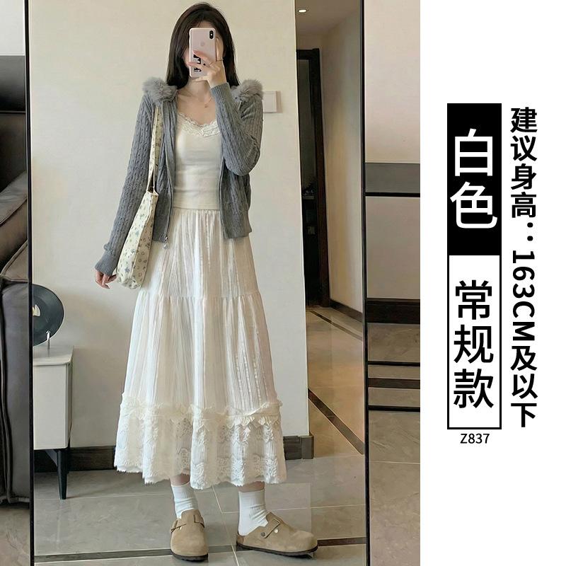 White skirt women's summer high-waisted A-shaped swinging umbrella skirt medium long tall organ lace fluffy skirt