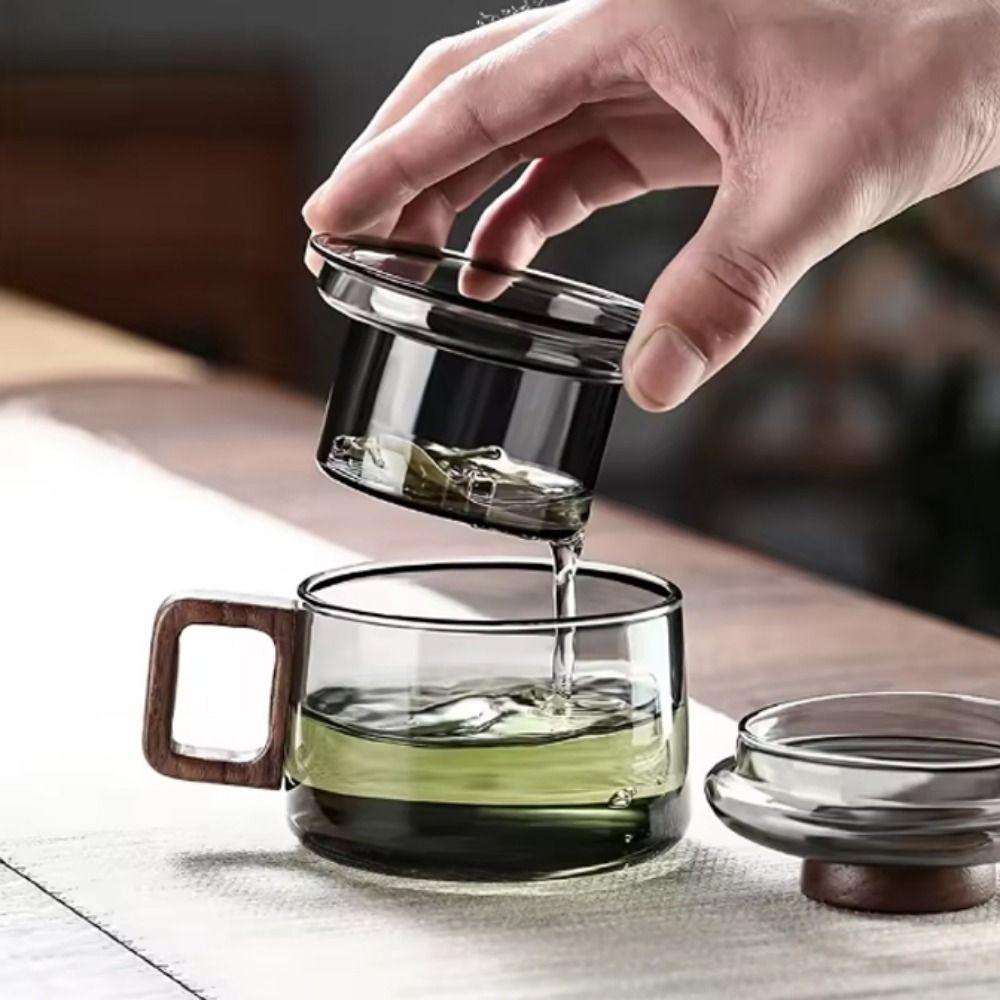 Anti-Scalding Glass Tea Cup with Infuser Wooden Handle Tea Separation Mug Kung Fu Tea Set  Home