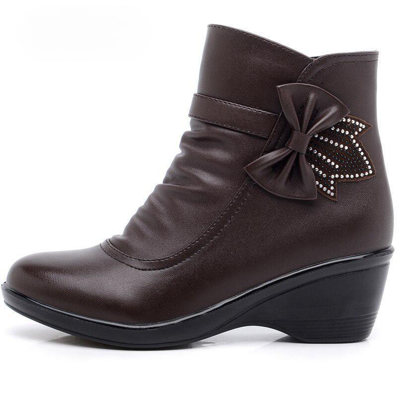 Женские ботинки кожаные водонепроницаемые короткие плюшевые ботильоны с бантом — фото 3