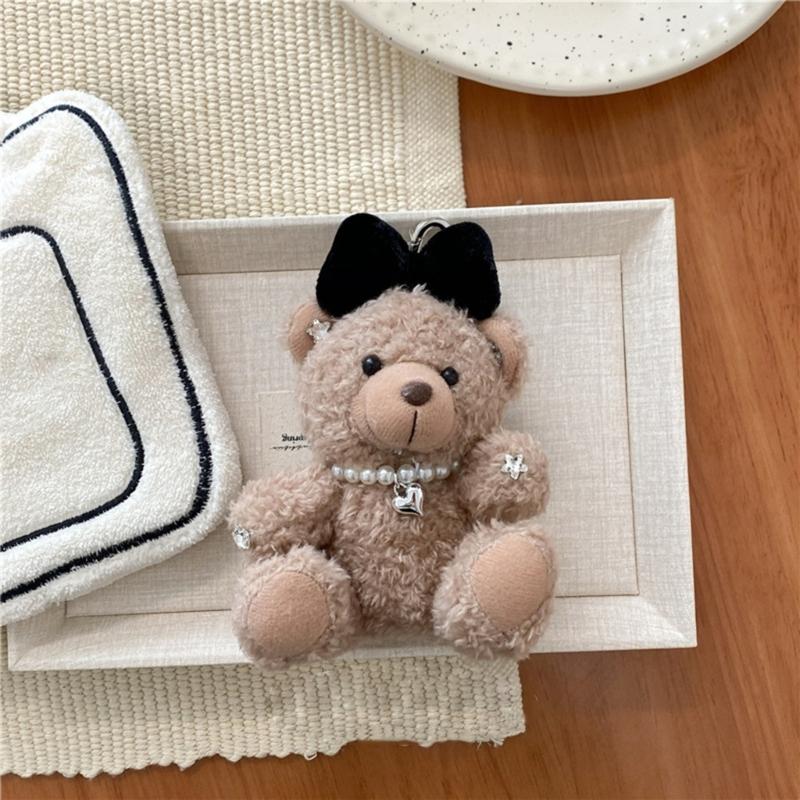 Soft Plush Bear Hanging Ornament Fashionable Soft Bear Keychain with Bowknot Plush Key Accessory for Stylish Bags