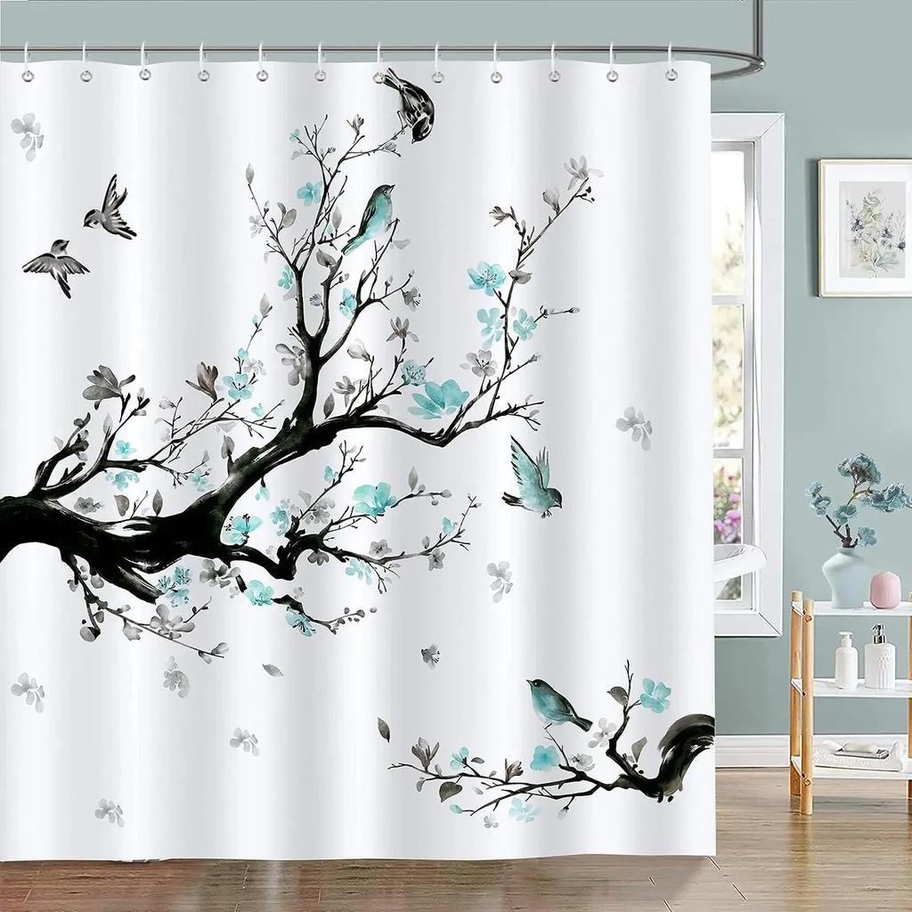 VIKAMA Pink Cherry Blossom Flower Shower Curtain - Cherry Blossom Style Country Bathroom Partition Curtain for Home Decoration