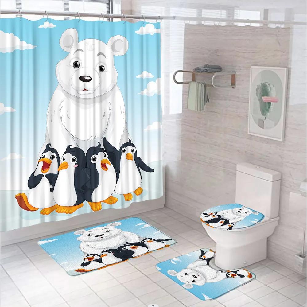 Funny Penguin Shower Curtain Set Animal Antarctic Ice Field Nature Blue Sky Bathroom Curtains Non-Slip Bath Mat Rug Toilet Cover
