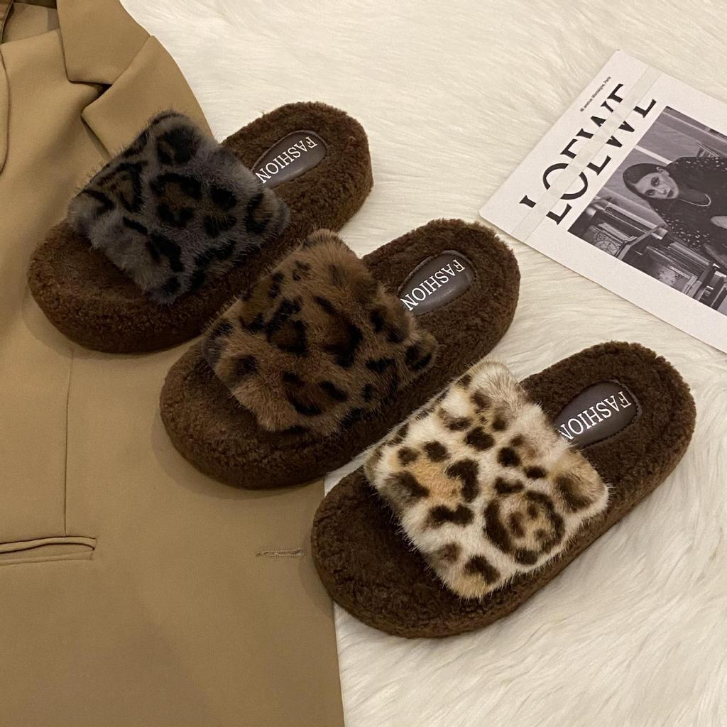 Leopard print thick bottom heightening fluffy slippers women's wear 2025 new autumn and winter fashion home fluffy cotton slippers