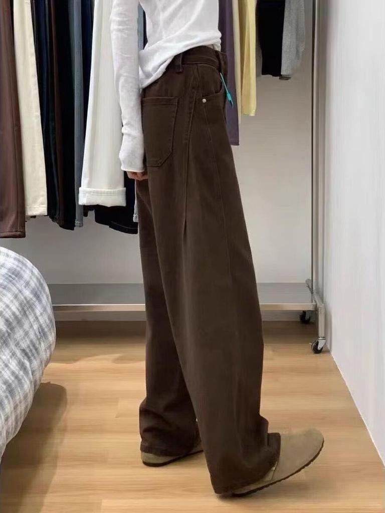 Women's Retro Coffee Curved Leg High-Waist Wide-Leg Jeans - Loose Fit, Slimming, Versatile, Perfect for Spring & Autumn