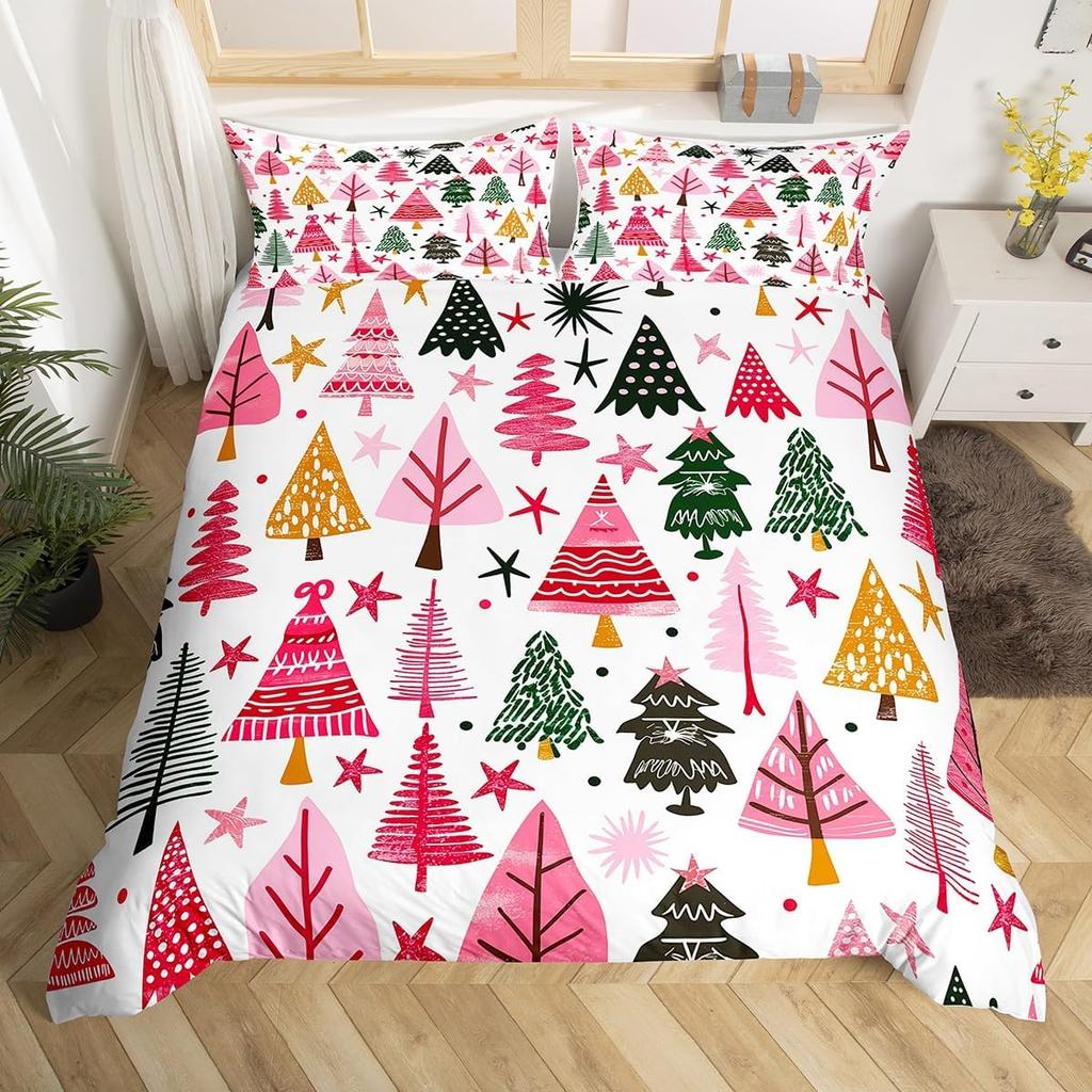 Christmas Tree Duvet Cover Set Queen King Size Botanical Pattern Quilt Cover Bedding For Kids Girls Teens Room Deco 3 Piece Set