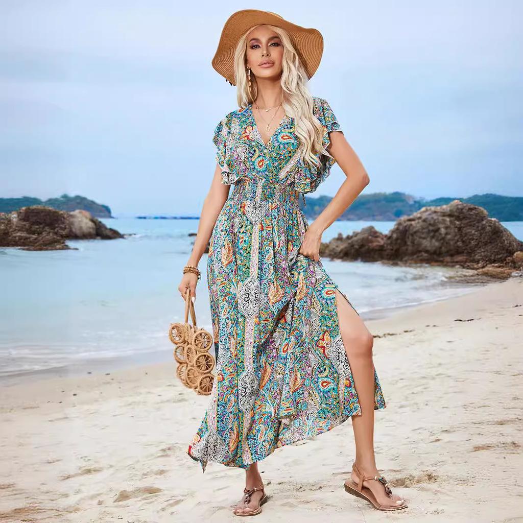 Rochie de vară de damă, cu decolteu în V, fără spate, cu volane, cu mâneci scurte, despicate, rochii de vacanță boeme