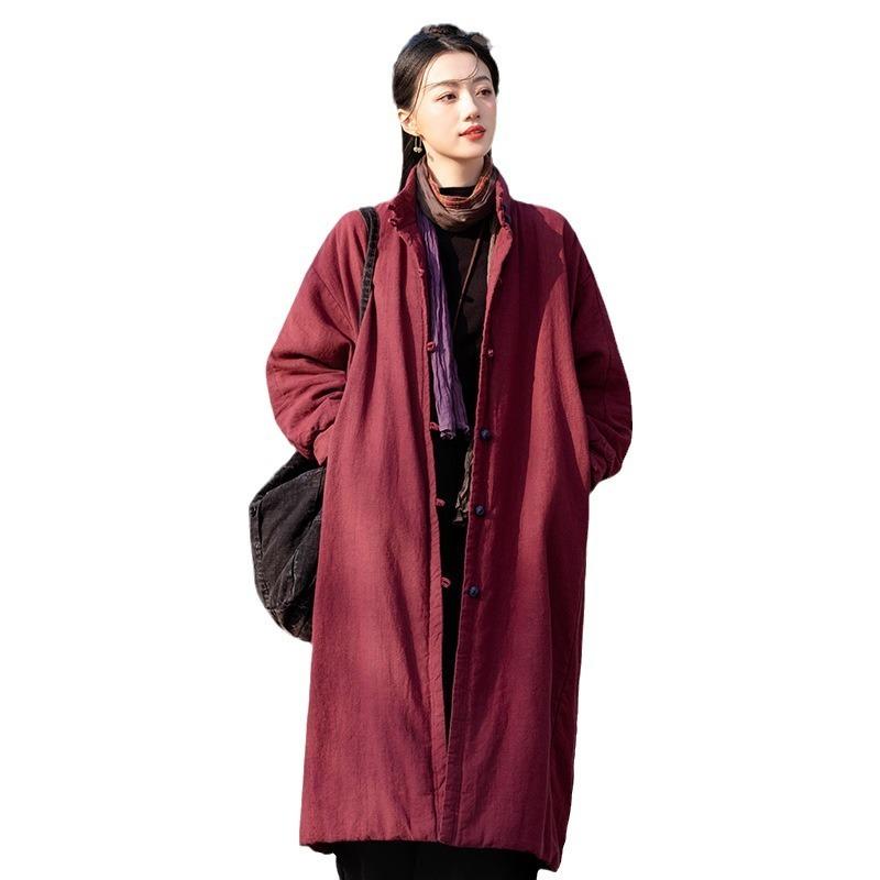 25 Winter New Product Original Literary and Retro Stand-up Collar Disc-buckled Cotton Jacket Women's Quilted Long Cotton-padded Coat