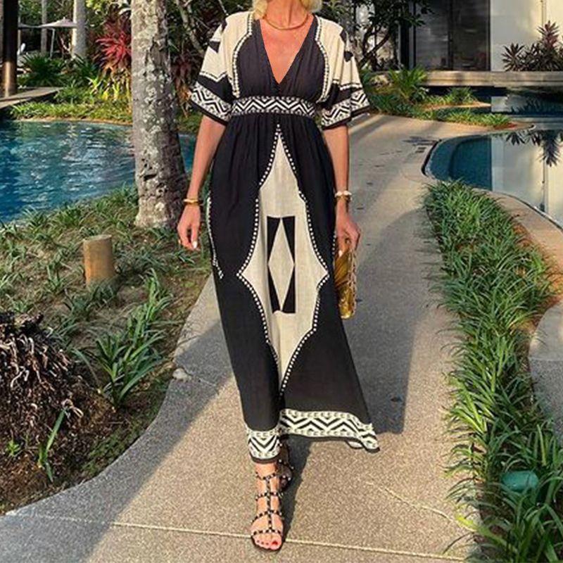 

Printed Dress Fashion Spring New Arrival Women s Clothing Fashion Stylish Print Bohemia Mid Length Long Length Dress Black XL