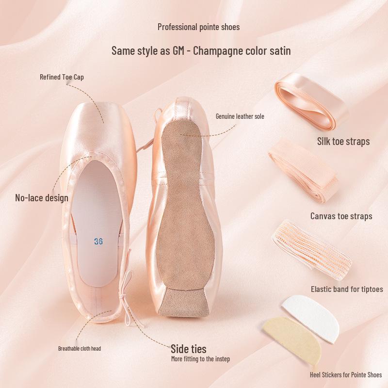 Women s Professional Satin Ballet Pointe Shoes with Ribbons - Champagne Gold 33