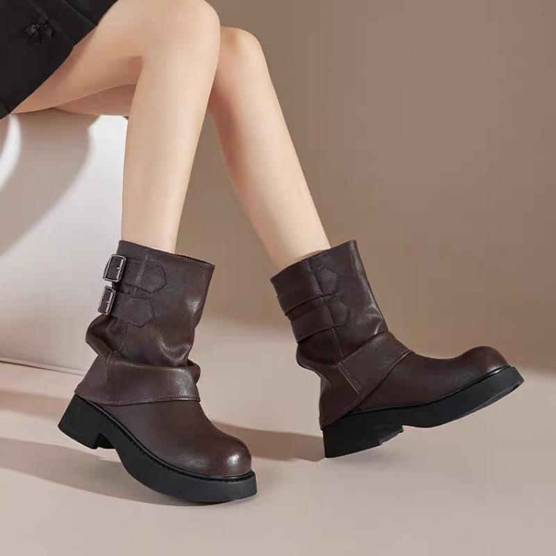 Fashion Metal Belt Buckle Block Heel Single Boots Women's Fashion Round Toe Sleeve Pleated Mid Heel Boots
