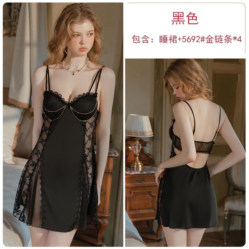 Women's Satin Sheer Mesh Chain Trim Low Cut Push Up Padded Sleep Dress with Robe Set