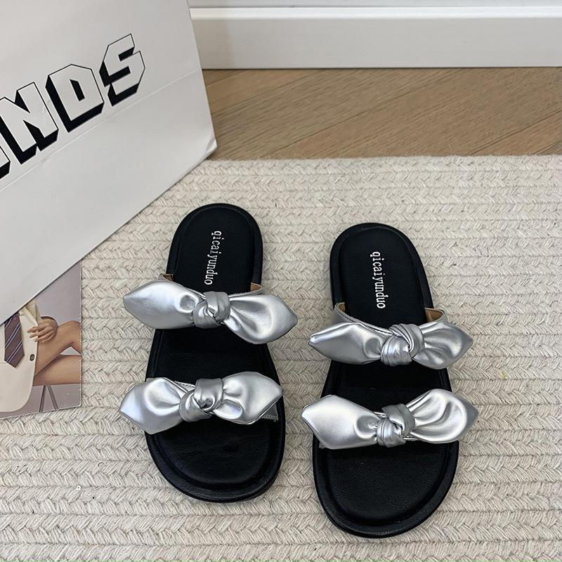 

New bow thick-soled muffin cool slippers women s summer super fire outer wear casual slippers women s shoes 40 серебряный