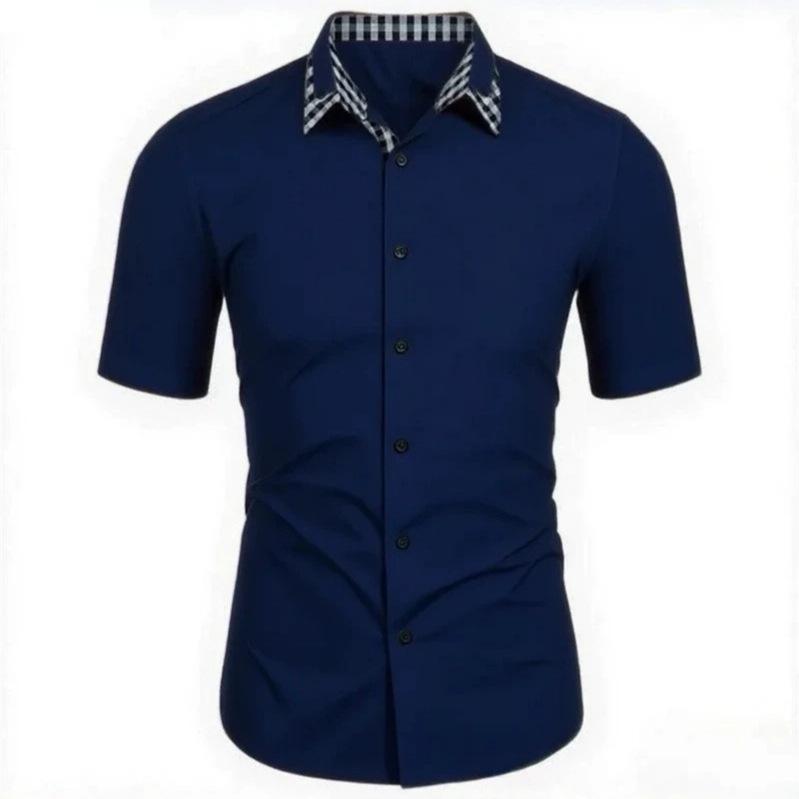 Men Short Sleeve Plaid Collar Casual Button Down Shirt