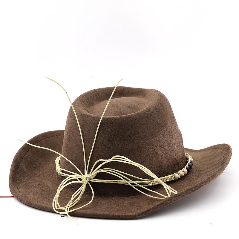 Suede upturned eaves retro top hat men and women outdoor travel hat jazz hat wooden beads ethnic style denim