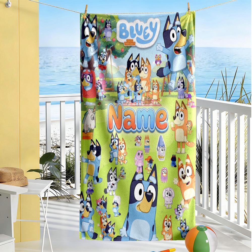 Bluey's Colorful Friends Personalized Name Beach Towel Soft Durable Quick-Dry Suitable for Swimming Gym Camping Yoga Vacation