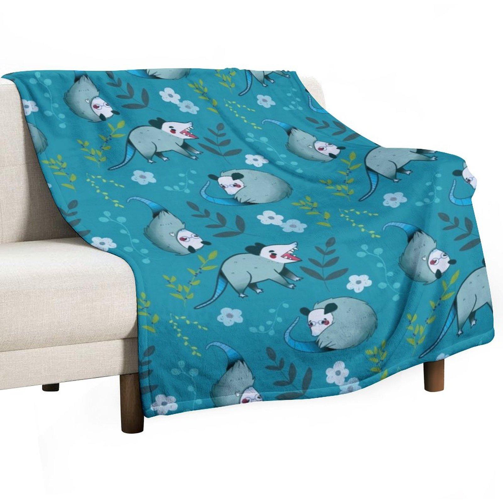 Possum - Cute Blue and Green Cartoon Animal Pattern Throw Blanket Tourist Blankets For Sofas Custom Flannel Fabric Blankets 30x40in